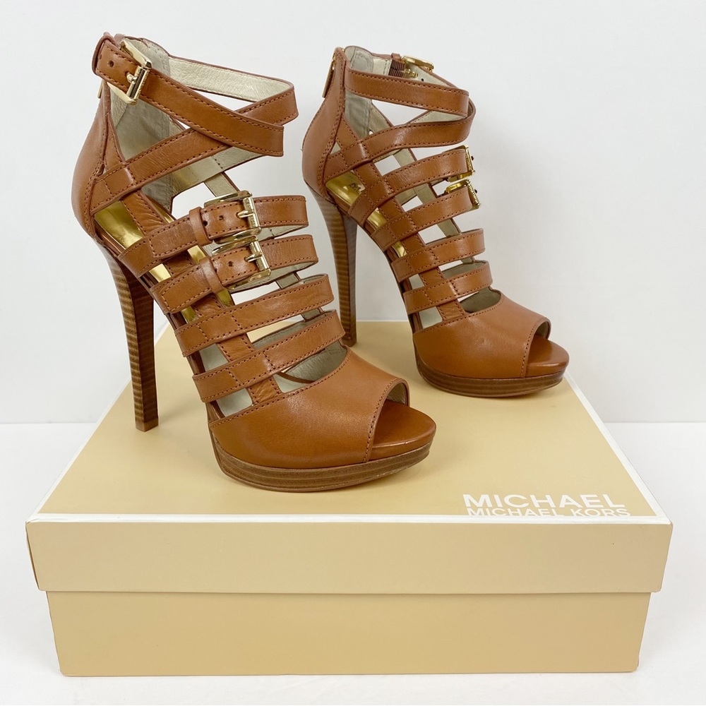 Michael Kors Sandals Heels Shoes Brown Platform Strappy Zip Leather Sandra